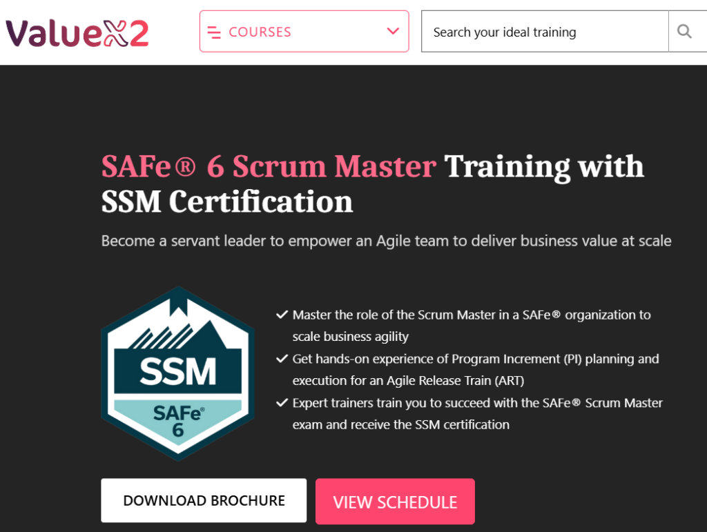 The SAFe® 6 Scrum Master Training with SSM Certification course page screenshot