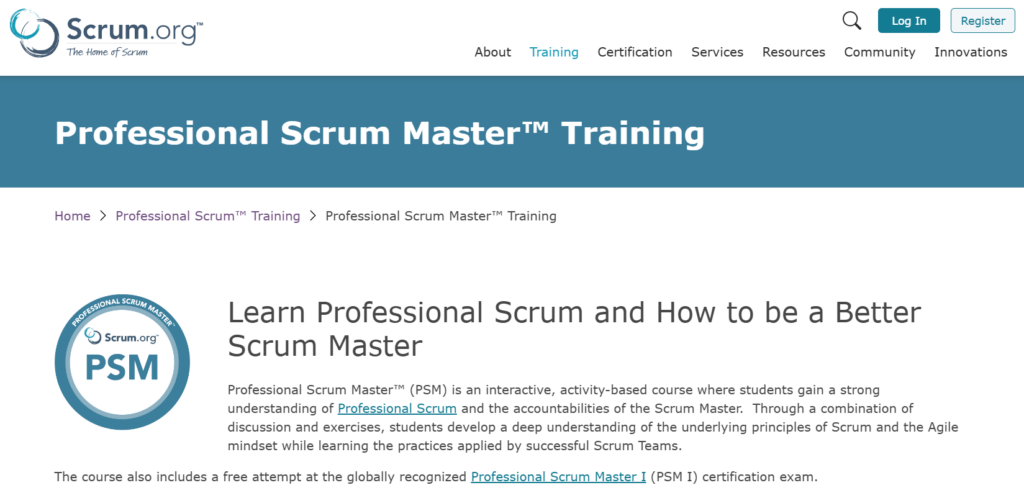 Screenshot of the Professional Scrum Master™ Training course landing page