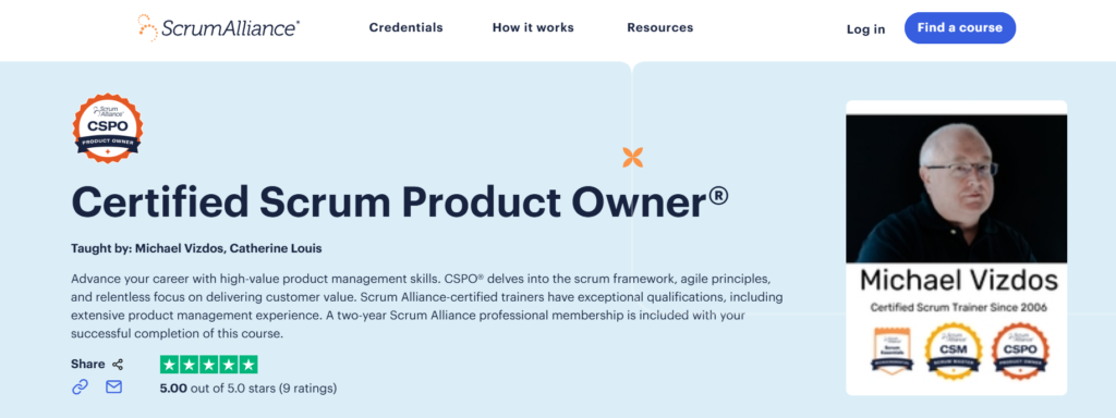 Screenshot of the Certified Scrum Product Owner course landing page