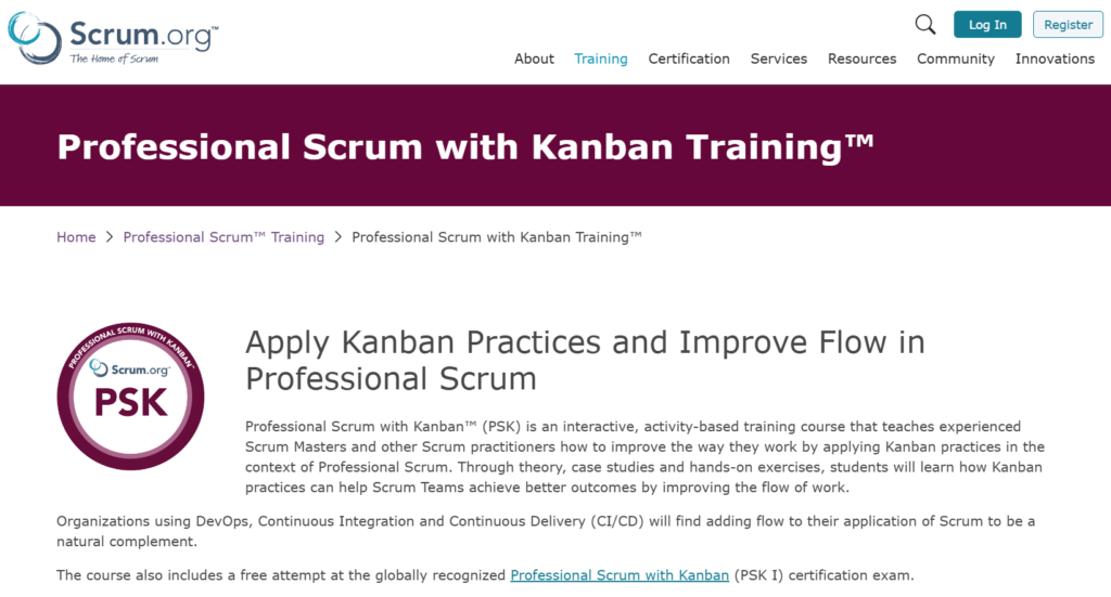 The Professional Scrum with Kanban Training™ course web page screenshot