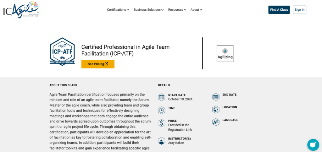 Screenshot of the Certified Professional in Agile Team Facilitation course website page