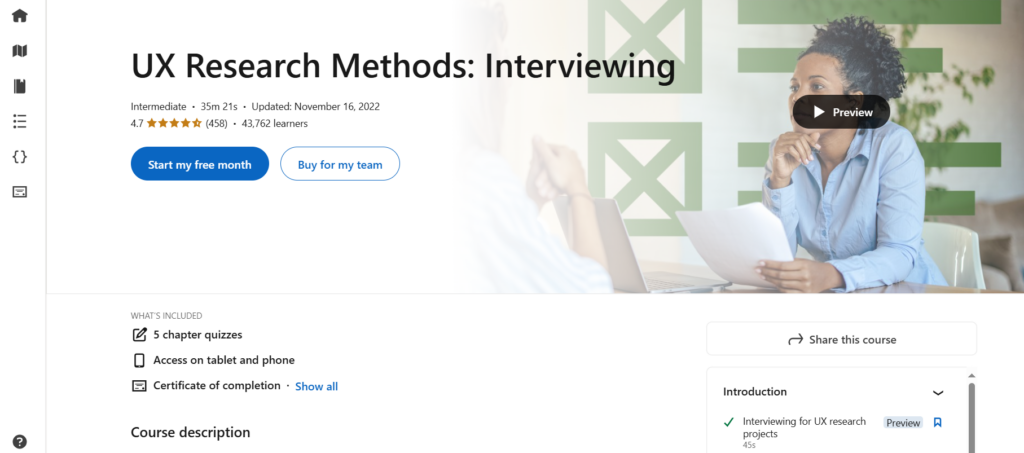 Screenshots of the UX Research Methods: Interviewing course page