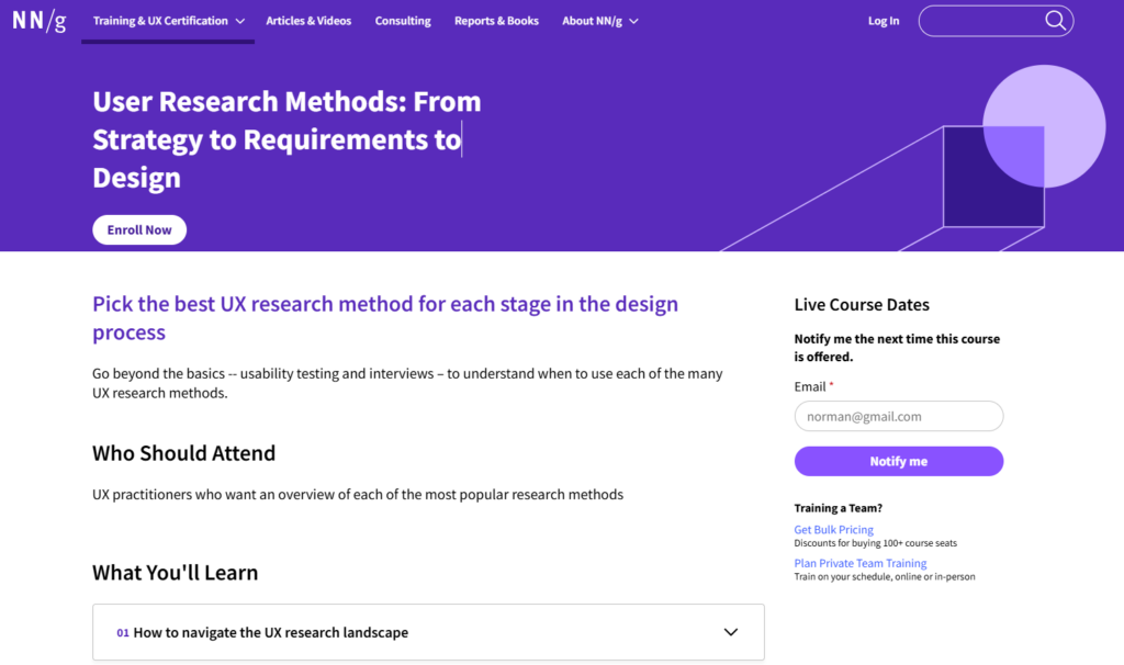 The User Research Methods course landing page screenshot