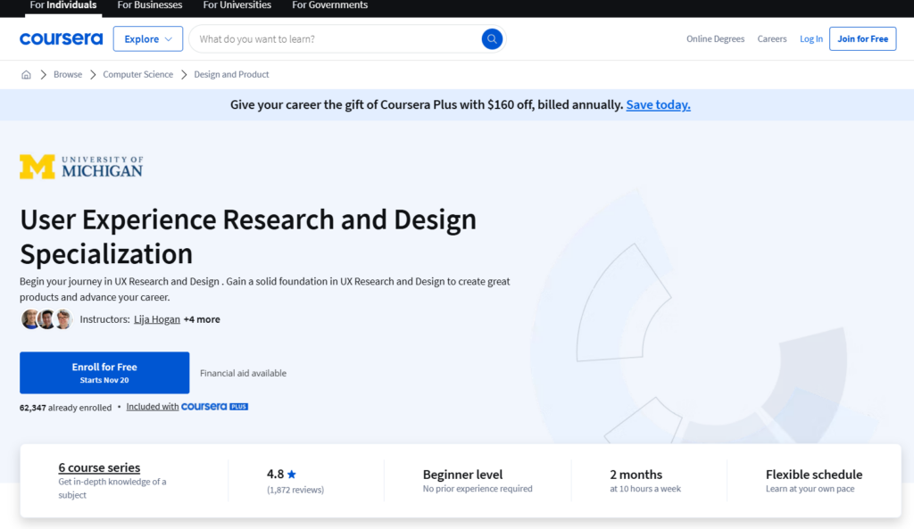 The User Experience Research and Design Specialization course landing page screenshot