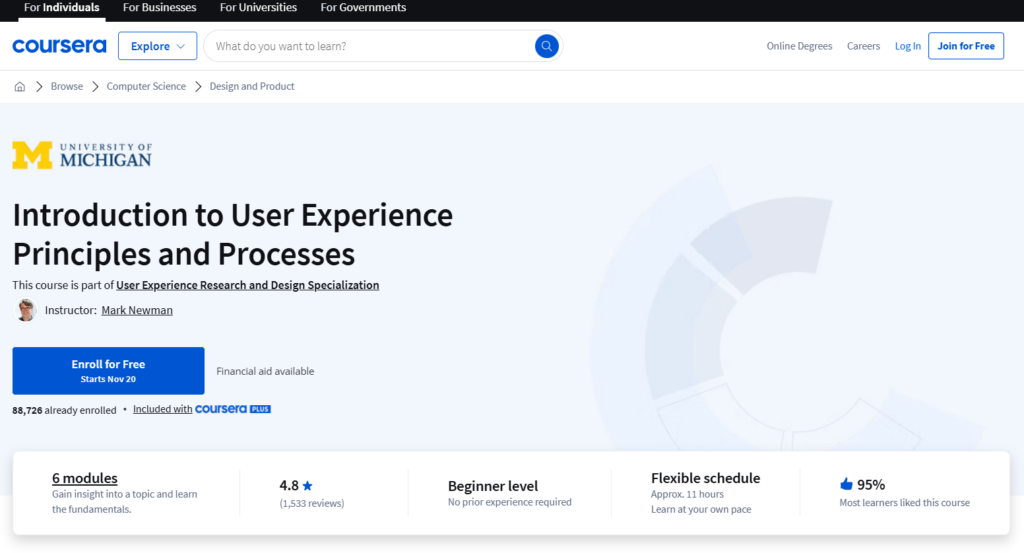 The Introduction to User Experience Principles and Processes course page screenshot