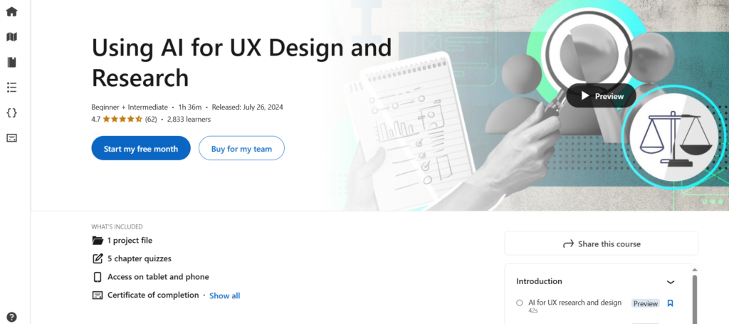 The Using AI for UX Design and Research course landing page screenshot
