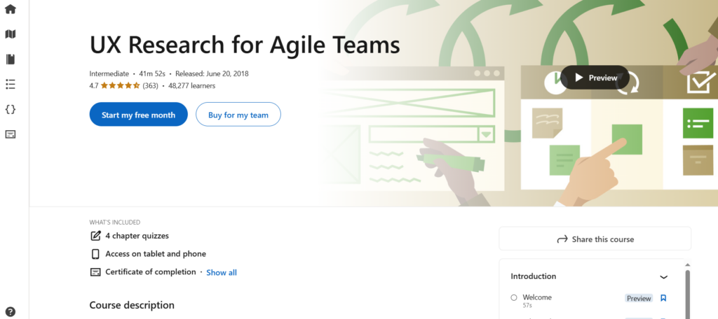 Screenshot of the UX Research for Agile Teams course landing page
