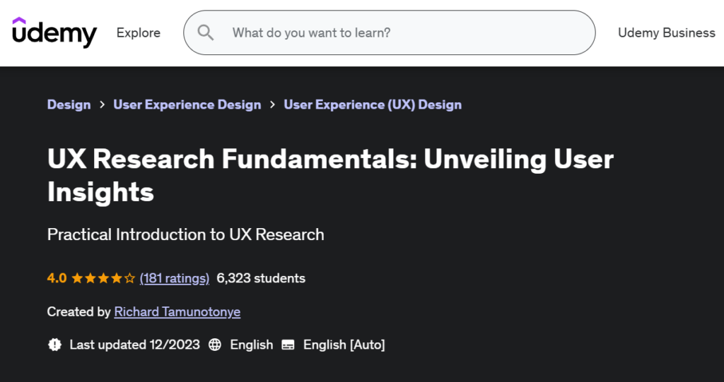 The UX Research Fundamentals: Unveiling User Insights course page screenshot