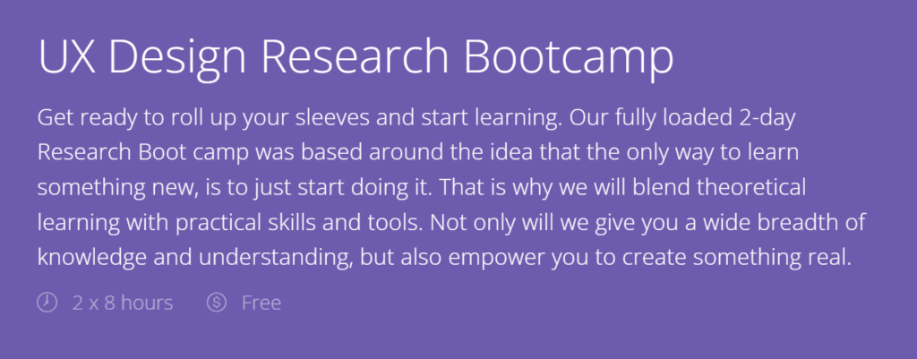 Screenshot of the UX Design Research Bootcamp course web page