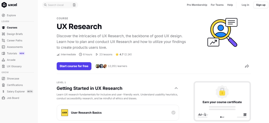 Screenshot of the UX Research course web page