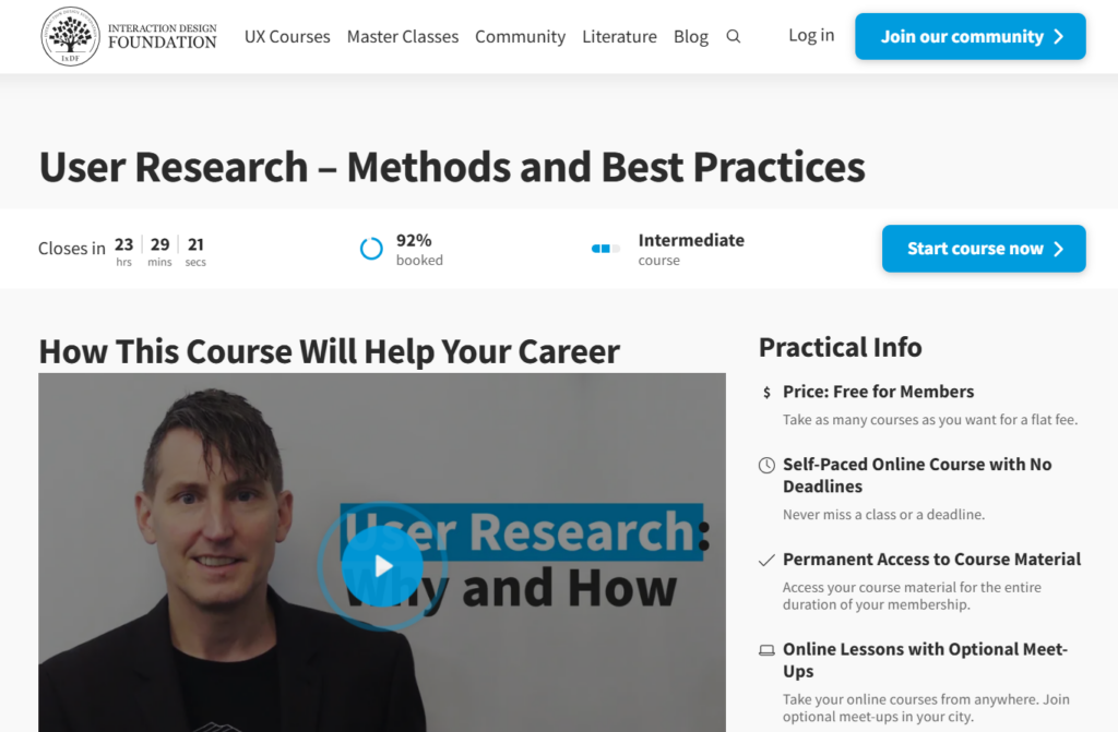 Screenshot of the User Research – Methods and Best Practices course web page