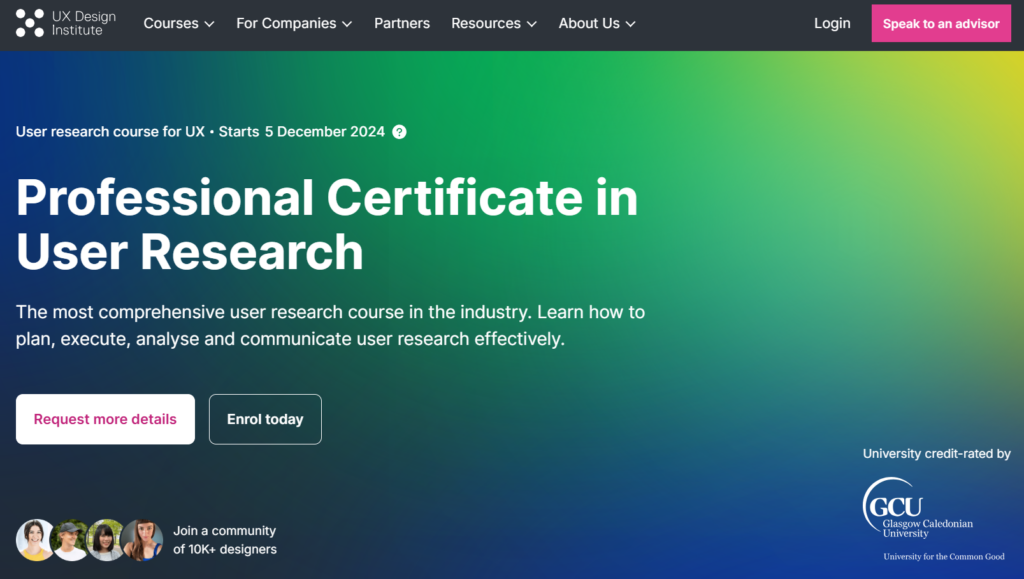 The Professional Certificate in User Research course web page screenshot