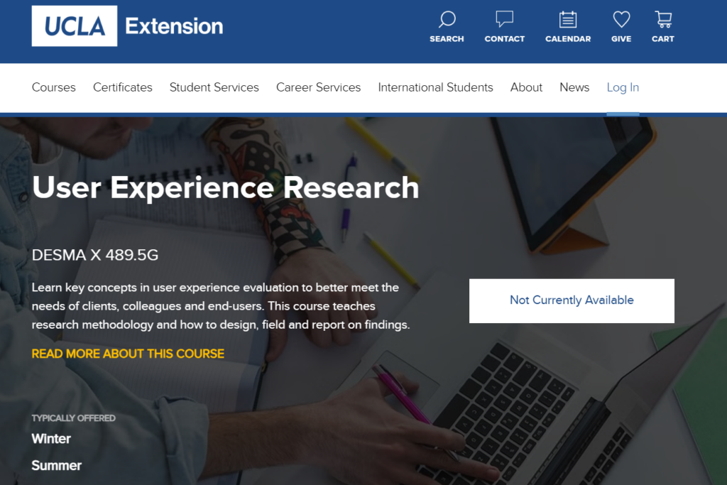 Screenshot of the User Experience Research course web page