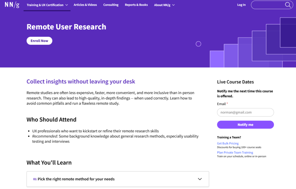 Screenshot of the Remote User Research course web page