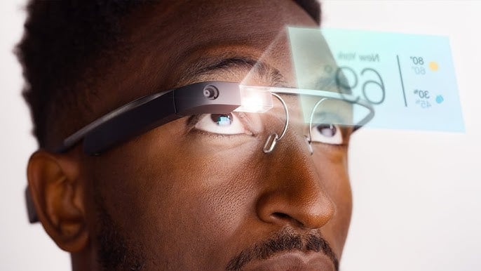 Man wearing discontinued Google product, Google Glass, which enabled the wearer to project a digital image from their headset.