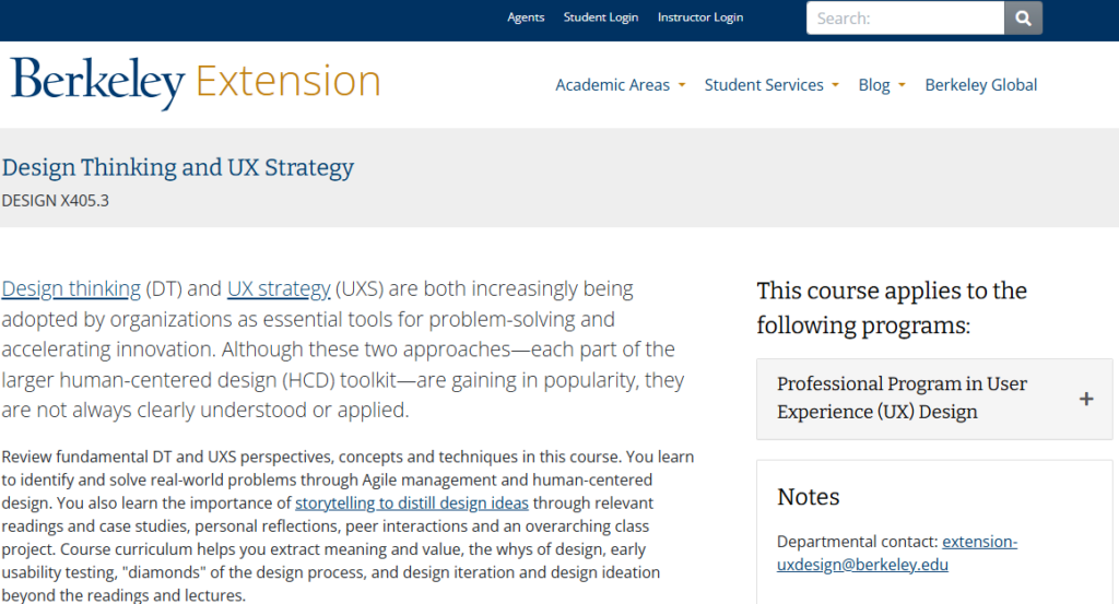 Home page of the Design Thinking and UX Strategy course