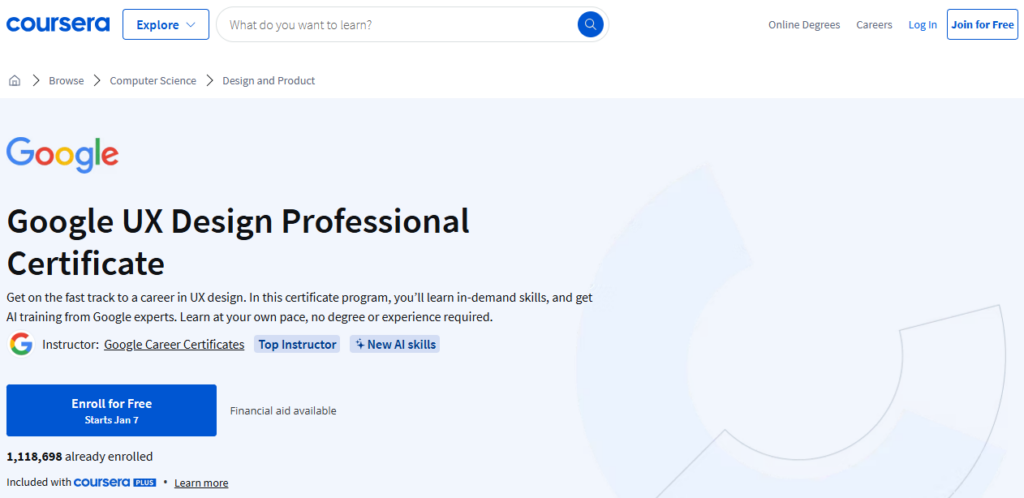 Course landing page of the Google UX Design Professional Certificate