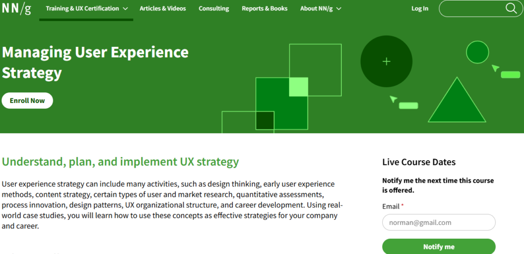 Overview page of the Managing User Experience Strategy course