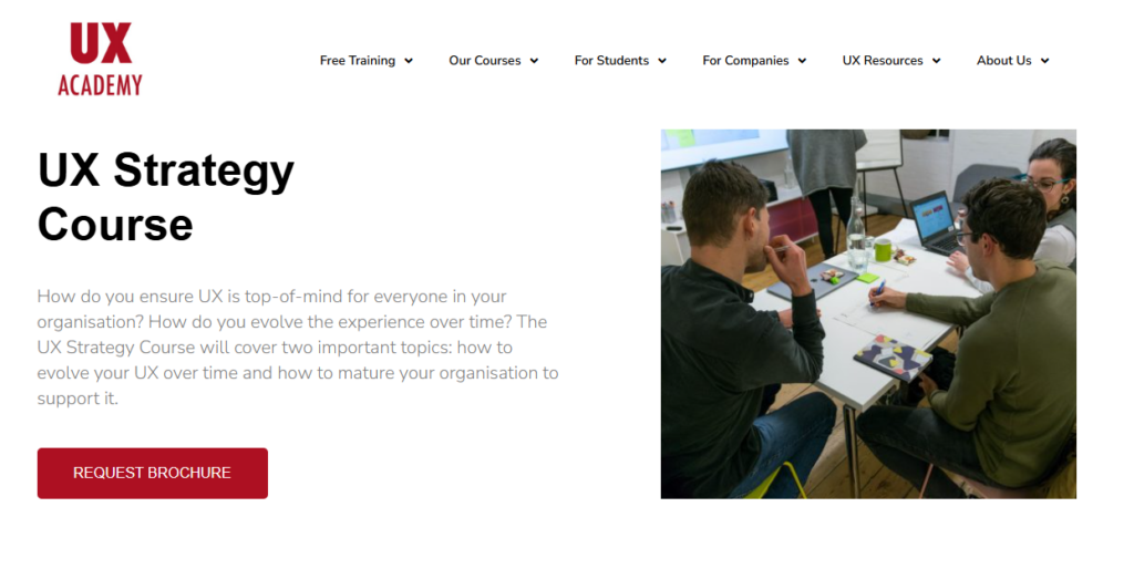 Landing page for The UX Strategy Course offered by the UX Academy