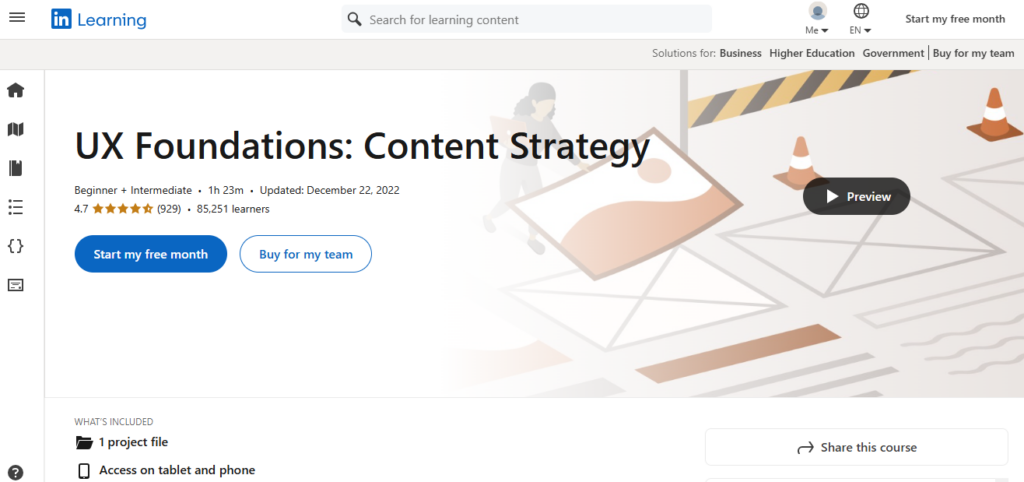 Landing page of the UX Foundations: Content Strategy course on LinkedIn Learning
