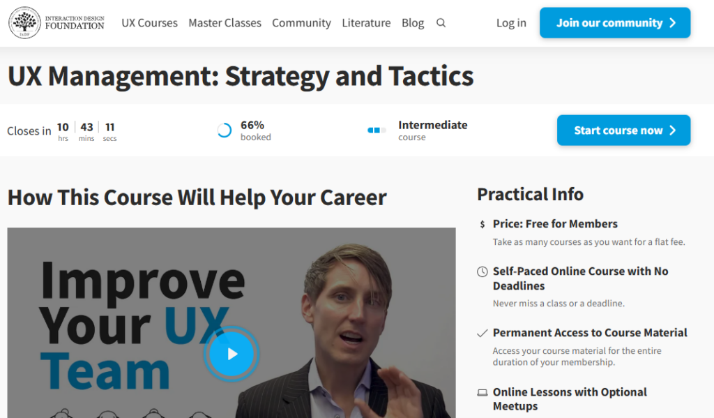 Overview page of the UX Management: Strategy and Tactics course