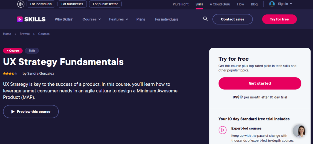 Course overview page of the UX Strategy Fundamentals course