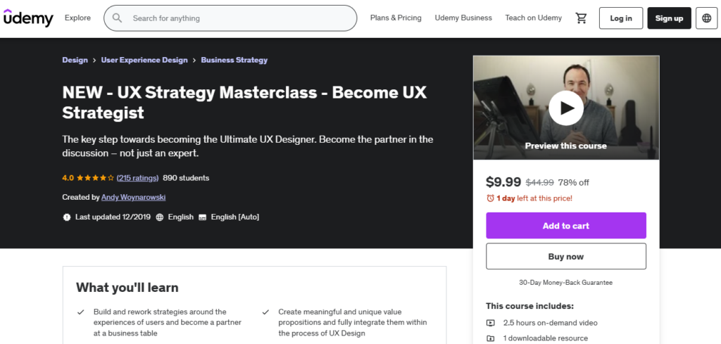 Main page of the UX Strategy Masterclass - Become UX Strategist course