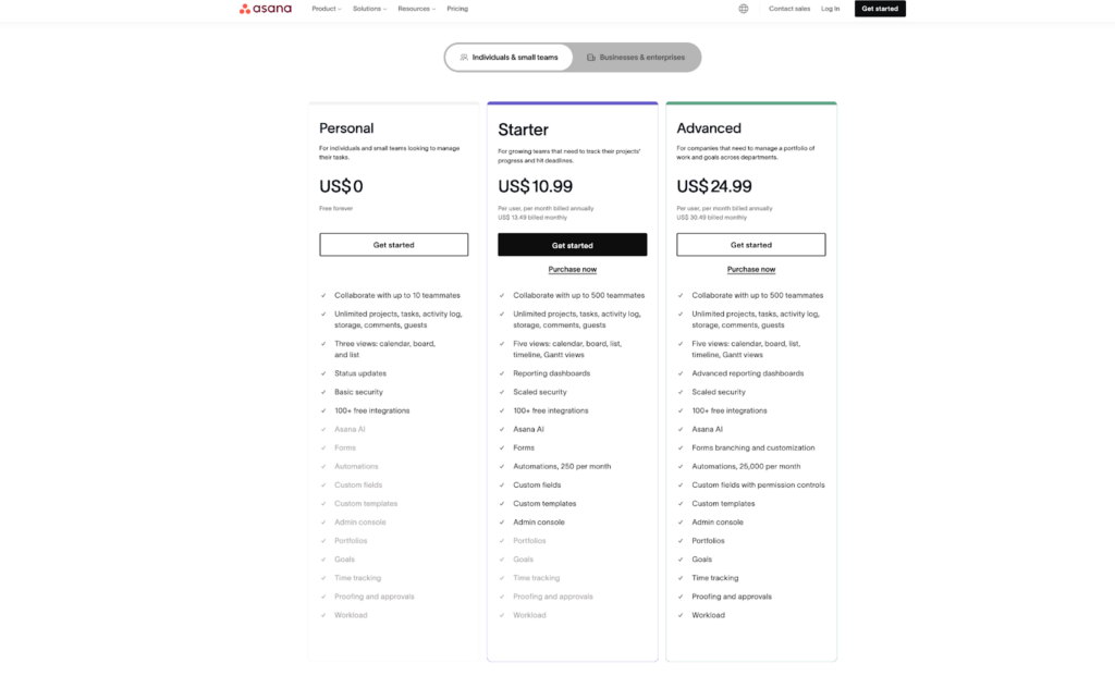 Asana pricing plans screenshot