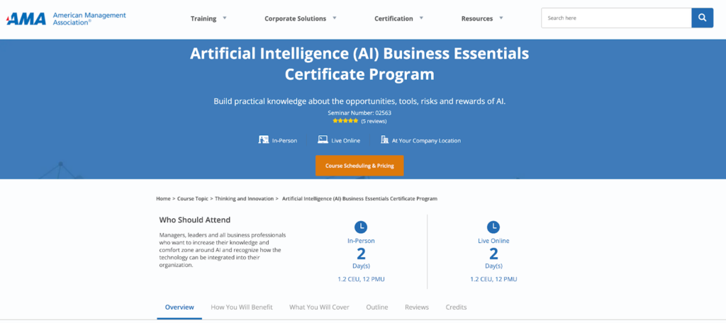Artificial Intelligence (AI) Business Essentials Certificate Program screenshot
