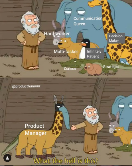 product manager meme; panel 1: a group of animals representing different skills; panel 2: the product manager - an animal with parts of each animal