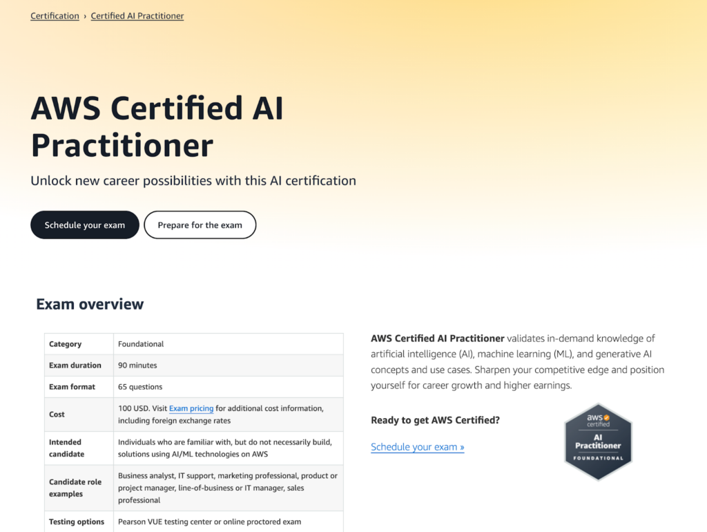 AWS Certified AI Practitioner certification landing page