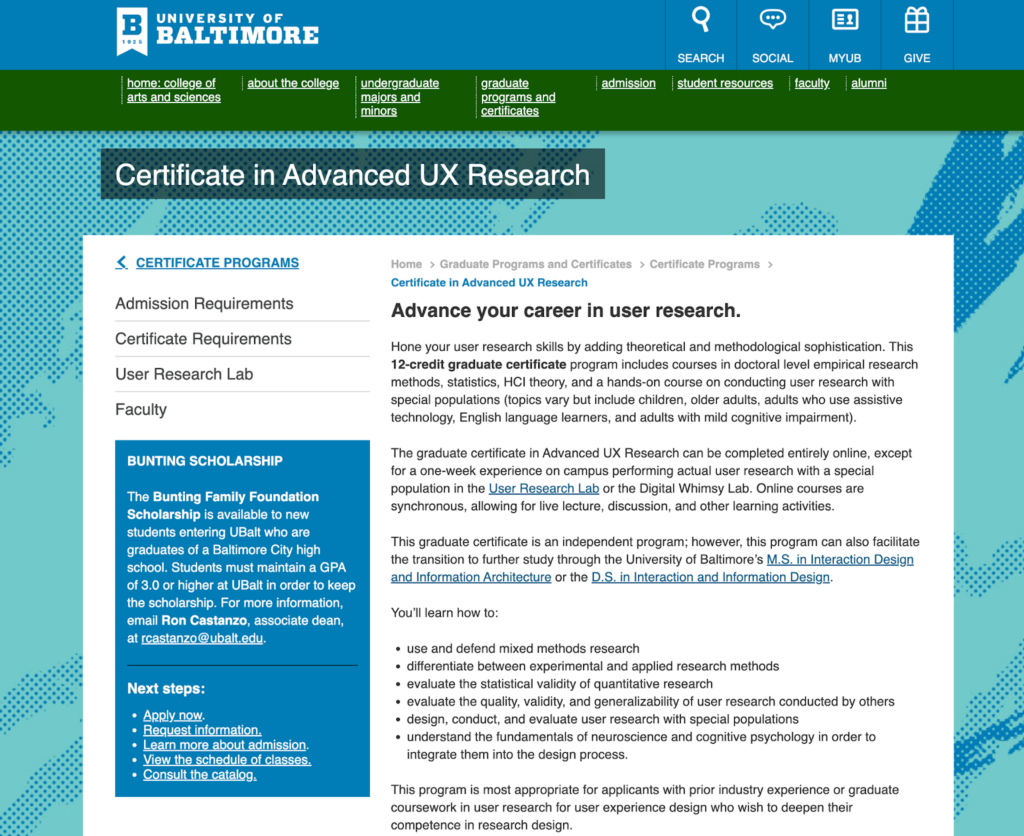 Certificate in Advanced UX Research landing page