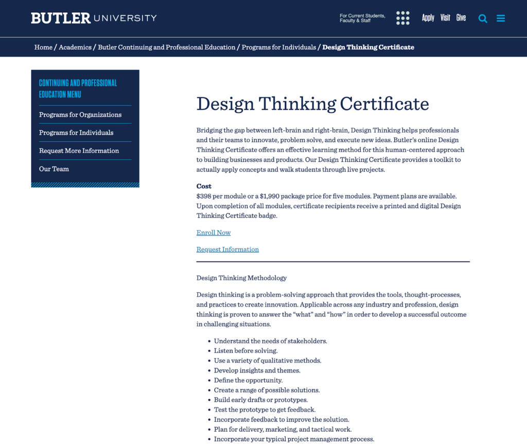 Overview of Design Thinking Certificate from Butler University