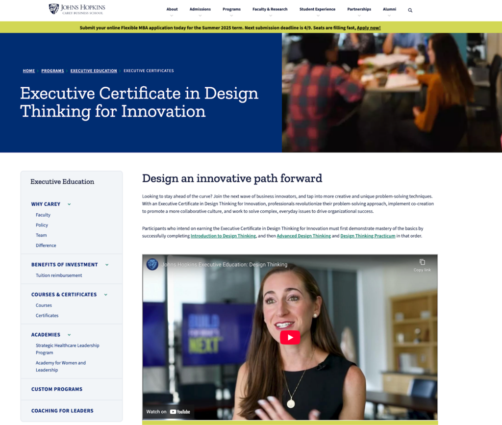 Executive Certificate in Design Thinking for Innovation landing page