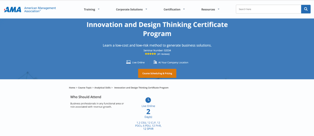 Innovation and Design Thinking Certificate Program screenshot